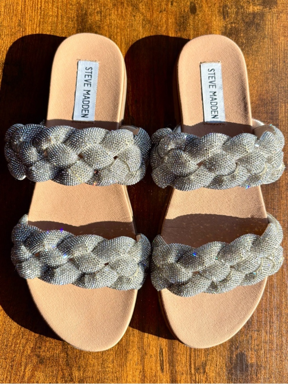 STEVE MADDEN Silver Braided Double-strap Slide Sandals